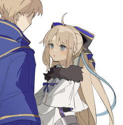 Rule 34 | 1boy, 1girl, :o, ahoge, blonde hair, blue robe, blush, bow, character request, cowboy shot, dress, facing another, fate/grand order, fate (series), fur trim, hair bow, height difference, highres, long hair, looking at another, note nii, parted lips, robe, short hair, sidelocks, white background, white dress