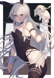 Rule 34 | 1girl, animal ears, arm support, bare shoulders, black choker, black leotard, black thighhighs, blue eyes, breasts, choker, closed mouth, commentary, cowboy shot, fake animal ears, fake tail, from side, grey hair, hair between eyes, ia (vocaloid), leotard, light frown, long hair, looking at viewer, playboy bunny, rabbit, rabbit ears, rabbit tail, small breasts, solo, standing, strapless, strapless leotard, tail, thighhighs, very long hair, vocaloid, voiceroid, wrist cuffs, zoruboi
