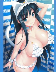 Rule 34 | 1girl, absurdres, animal ears, arm up, artist name, bare shoulders, bikini, black hair, blue eyes, blush, breasts, cat ears, cat tail, choker, cleavage, comic penguin club, cygnus (cygnus7), frilled bikini, frills, hair ornament, highres, large breasts, long hair, looking at viewer, looking up, sideboob, smile, sofmap background, step and repeat, swimsuit, tail, very long hair, wrist cuffs