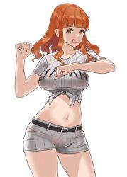 Rule 34 | 1girl, adapted costume, alternate costume, baseball uniform, belt, black belt, blunt bangs, breasts, clenched hands, commentary, cowboy shot, girls und panzer, grey shirt, grey shorts, highres, large breasts, long hair, looking at viewer, midriff, navel, open mouth, orange eyes, orange hair, shirt, short shorts, short sleeves, shorts, simple background, smile, solo, sportswear, standing, striped clothes, striped shirt, striped shorts, takebe saori, tied shirt, vertical-striped clothes, vertical-striped shirt, vertical-striped shorts, white background, yamano rita
