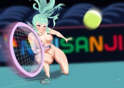 Rule 34 | 1girl, ball, blurry, blurry background, finana ryugu, green hair, navel, nijisanji, nijisanji en, nipples, nude, on one knee, purple eyes, pussy, racket, rayos, sweat, tennis ball, tennis racket