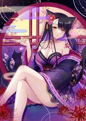 Rule 34 | 1girl, animal ears, black hair, blunt bangs, breasts, cat, cat ears, cleavage, commentary request, crossed legs, flower, hair flower, hair ornament, holding, holding smoking pipe, japanese clothes, kimono, kiseru, legs, long sleeves, looking at viewer, medium breasts, obi, off shoulder, original, parted lips, purple kimono, purple sash, round window, sash, shoulder tattoo, smoking pipe, solo, spider lily, suzumia (daydream), tattoo, wide sleeves, window, yellow eyes