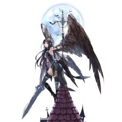 Rule 34 | angel, armband, aselica (king&#039;s raid), ass, bat (animal), black hair, black wings, breasts, dark persona, dress, fallen angel, full body, full moon, gloves, greatsword, hair blowing, halloween, high heels, holding, holding sword, holding weapon, king&#039;s raid, large breasts, long hair, looking at viewer, low wings, moon, multiple wings, official art, pointy ears, red eyes, rooftop, serious, solo, strapless, strapless dress, sword, thighhighs, transparent background, weapon, wing ornament, wings, zettai ryouiki