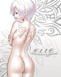 Rule 34 | 1girl, albino, ass, back, breasts, k+, nude, red eyes, short hair, small breasts, solo, tattoo, white background, white hair, white theme
