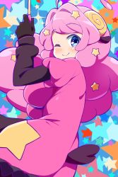 Rule 34 | 10s, 1girl, 9law, ;), ahoge, black gloves, blue eyes, blush, gloves, highres, horns, long hair, looking at viewer, moa (show by rock!!), one eye closed, pink hair, sheep horns, show by rock!!, smile, solo, star (symbol), starry background, tail