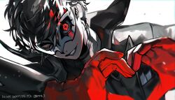 Rule 34 | 1boy, amamiya ren, black coat, black hair, btmr game, coat, commentary request, eye mask, gloves, glowing, glowing eye, grin, hair between eyes, heart, heart hands, highres, long sleeves, looking at viewer, male focus, one eye closed, persona, persona 5, red eyes, red gloves, signature, simple background, smile, solo, teeth, upper body, upper teeth only, white background, white mask