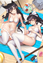Rule 34 | 2girls, animal ears, arm support, atago (azur lane), atago (summer march) (azur lane), azur lane, bag, ball, beach, beach towel, beachball, black hair, bow, breasts, brown eyes, can, casual one-piece swimsuit, cleavage, clothing cutout, criss-cross halter, drink, from above, hair bow, hair flaps, halterneck, highres, long hair, looking at viewer, lying, machinery, md5 mismatch, medium breasts, mole, mole under eye, multiple girls, navel, navel cutout, on back, one-piece swimsuit, ponytail, qbase, resolution mismatch, revision, ribbon, smile, source larger, swimsuit, takao (azur lane), takao (beach rhapsody) (azur lane), thighhighs, towel, tray, umbrella, white bow, white legwear, white one-piece swimsuit, white ribbon