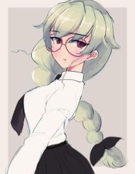 Rule 34 | 10s, 1girl, alternate hairstyle, anchovy (girls und panzer), arms at sides, bespectacled, black necktie, black ribbon, black skirt, blouse, braid, breasts, from side, girls und panzer, glasses, green eyes, hair ribbon, long hair, looking at viewer, mityubi, necktie, pink background, red eyes, ribbon, shirt, single braid, skirt, skirt set, small breasts, solo, tress ribbon, upper body, very long hair, white shirt