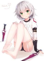 Rule 34 | 1girl, :3, artist name, bandaged arm, bandages, black gloves, blush, buruma, cat, closed mouth, crossed bangs, dagger, dual wielding, facial scar, fate/apocrypha, fate (series), fingerless gloves, garter straps, gloves, green eyes, gym uniform, highres, holding, jack the ripper (fate/apocrypha), knees up, knife, looking at viewer, nahaki, name tag, scar, scar across eye, scar on cheek, scar on face, short hair, short sleeves, signature, silver hair, simple background, sin-poi, sitting, smile, solo, thighhighs, thighs, weapon, white background, white thighhighs, | |