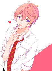 Rule 34 | 10s, 1boy, bad id, bad pixiv id, character name, finger to mouth, free!, heart, highres, male focus, necktie, open mouth, pink hair, purple eyes, school uniform, shigino kisumi, short hair, smile, solo
