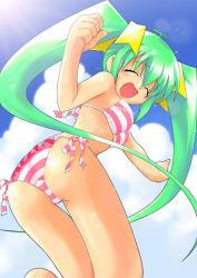Rule 34 | 1girl, artist request, ass, barefoot, bikini, blush, breasts, closed eyes, clothes writing, cloud, fang, from behind, green hair, hair ribbon, jumping, light rays, long hair, medium breasts, melon-chan, melonbooks, open mouth, panties, pink bikini, ribbon, side-tie panties, sky, smile, solo, sparkle, striped bikini, striped clothes, sunbeam, sunlight, swimsuit, twintails, underwear, yellow ribbon