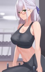 Rule 34 | 1girl, bare shoulders, black pants, blue eyes, blush, braid, breasts, cleavage, closed mouth, crown braid, dumbbell, exercising, from side, glasses, green eyes, gym, hair ribbon, highres, holding, hololive, large breasts, medium hair, midriff, navel, pants, ribbon, shirogane noel, solo, sports bra, stomach, virtual youtuber, weightlifting, weights, white hair, whitek, yoga pants