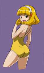 Rule 34 | 10s, 1girl, ass, blonde hair, hairband, kise yayoi, looking at viewer, one-piece swimsuit, open mouth, precure, purple background, rohitsuka, short hair, simple background, sketch, smile, smile precure!, solo, swimsuit, white hairband, yellow eyes, yellow one-piece swimsuit