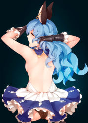 Rule 34 | 1girl, animal ears, backless dress, backless outfit, bare back, black gloves, black panties, blue hair, blush, breasts, commentary, dress, ear piercing, english commentary, erune, ferry (granblue fantasy), frilled dress, frilled gloves, frills, from behind, gloves, granblue fantasy, long hair, looking at viewer, looking back, open mouth, orange eyes, panties, piercing, ricegnat, sideboob, small breasts, solo, underwear, wavy hair