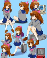 Rule 34 | 1girl, arms behind back, blue background, blue sailor collar, blue skirt, bow, bowtie, brown eyes, brown footwear, brown hair, computer, from behind, full body, grey sweater, hair bow, hands on own chin, hands on own knees, high ponytail, highres, keyboard (computer), leaning forward, loafers, looking at viewer, medium hair, monitor, multiple views, nec pc-8801, original, pc-98 (computer), pink bow, pink bowtie, pleated skirt, sailor collar, shadow, sharp x1, shoes, sitting, skirt, smile, sweater, walking, x68000, yuekuratsu