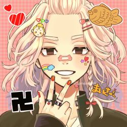 Rule 34 | 1boy, bandaid, bandaid on face, bandaid on nose, black eyes, black jacket, blonde hair, braid, empty eyes, forehead, hair ornament, hairclip, heart, highres, jacket, jewelry, kameoka908, long hair, long sleeves, looking at viewer, male focus, nail polish, open mouth, pink background, red nails, ring, sano manjirou, single braid, sleeves past wrists, smile, solo, sticker, swastika, tokyo revengers, twitter username