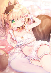 Rule 34 | 1girl, ;o, animal ears, arm up, blonde hair, blush, breasts, commentary request, frilled pillow, frilled shorts, frills, green eyes, hair between eyes, hair ornament, hairclip, haru ichigo, heart, heart hair ornament, heart-shaped pillow, highres, nail polish, navel, one eye closed, original, parted lips, pillow, pink nails, short shorts, shorts, signature, small breasts, solo, squirrel ears, squirrel girl, squirrel tail, tail, twitter username, two side up, white shorts, wrist cuffs