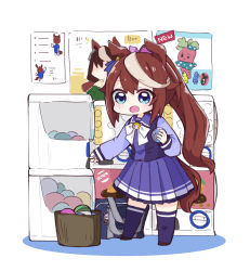 Rule 34 | 1girl, :d, animal ears, bag, bag charm, blue eyes, bow, brown footwear, brown hair, character charm, character doll, charm (object), chibi, commentary request, frilled skirt, frills, gashapon, gashapon machine, hair between eyes, hair ribbon, highres, holding, horse ears, horse girl, horse tail, long hair, long sleeves, mejiro mcqueen (umamusume), multicolored hair, nozo (hitomiz), open mouth, pink ribbon, pleated skirt, ponytail, purple shirt, purple skirt, purple thighhighs, ribbon, school bag, school uniform, shirt, shoes, skirt, smile, solo, standing, streaked hair, symboli rudolf (umamusume), tail, thighhighs, tokai teio (umamusume), tracen school uniform, umamusume, very long hair, white bow
