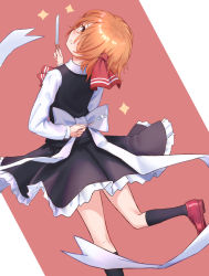 Rule 34 | 1girl, arm behind back, ascot, back bow, black skirt, black socks, black vest, bow, commentary, foot out of frame, fork, frilled skirt, frills, from behind, hair over one eye, hair ribbon, highres, holding, holding fork, holding knife, kneehighs, kneepits, knife, long sleeves, looking at viewer, looking back, orange hair, red ascot, red background, red eyes, red footwear, red ribbon, ribbon, roke (taikodon), rumia, shirt, shoes, short hair, simple background, skirt, skirt set, socks, solo, sparkle, standing, standing on one leg, touhou, vest, white background, white bow, white shirt