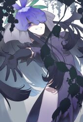 Rule 34 | 1girl, black gloves, black hair, china dress, chinese clothes, dress, flower, flower on head, garasuno, gloves, grin, highres, long hair, looking at viewer, one eye covered, plant, purple dress, purple eyes, purple flower, short sleeves, smile, solo, touhou, unfinished dream of all living ghost, vines, yomotsu hisami