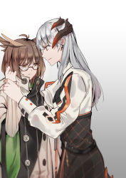 Rule 34 | 2girls, angry, arknights, belt, black skirt, blurry, brown coat, brown eyes, brown hair, brown sweater, buttons, chinese commentary, closed mouth, coat, commentary request, cowboy shot, cowlick, depth of field, dragon horns, earrings, feather hair, from side, glasses, gradient background, grey background, hands on another&#039;s wrists, high-waist skirt, horns, iceky, jewelry, long sleeves, looking at another, multiple girls, orange eyes, profile, sad, saria (arknights), semi-rimless eyewear, shirt, silence (arknights), skirt, soft focus, stud earrings, sweater, under-rim eyewear, white background, white shirt