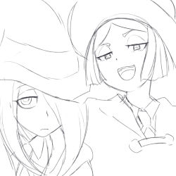 Rule 34 | 10s, 2girls, barbara parker, frown, greyscale, hair over one eye, hat, jitome, little witch academia, long hair, monochrome, multiple girls, open mouth, short hair, sucy manbavaran, tsukudani (coke-buta), witch, witch hat