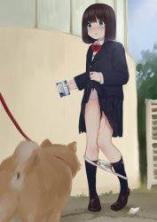 Rule 34 | 1girl, alley, blouse, blue eyes, blue jacket, blue skirt, blue socks, bow, bowtie, breast pocket, brown hair, clothes lift, collared shirt, dog, embarrassed, female focus, flat chest, full body, hands up, heel up, highres, holding, jacket, kanekan, kneehighs, leash, lifting own clothes, long sleeves, miniskirt, open mouth, original, outdoors, panties, panty pull, pee, pee stain, peeing, peeing self, pleated skirt, pocket, puddle, red bow, red bowtie, school uniform, shiba inu, shirt, short hair, sidelocks, skirt, skirt lift, socks, solo, standing, surprised, sweat, underwear, used tissue, vest, wet, wet clothes, wet panties, white panties, white shirt, wide-eyed, yellow vest
