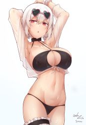 Rule 34 | 1girl, :o, absurdres, armpits, arms up, asla yu, azur lane, bikini, black bikini, blush, breasts, bridal garter, character name, choker, cleavage, cleavage cutout, clothing cutout, collar, collarbone, commentary request, covered erect nipples, cowboy shot, crop top, dated, eyewear on head, front-tie top, hair between eyes, halterneck, heart, heart-shaped eyewear, highres, large breasts, long sleeves, looking at viewer, navel, o-ring, o-ring top, open clothes, open mouth, parted lips, pink-framed eyewear, red eyes, scrunchie, see-through, short hair, signature, simple background, sirius (azur lane), sirius (scorching-hot seirios) (azur lane), skindentation, solo, stomach, sunglasses, sweat, swimsuit, thigh strap, white background, white hair, white scrunchie, wrist scrunchie