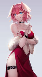 Rule 34 | 1girl, arm under breasts, bare shoulders, black choker, bracelet, breasts, choker, closed mouth, collarbone, crossed bangs, daika!!, dress, evening gown, feather boa, hair between eyes, hand up, highres, hololive, jewelry, licking lips, medium breasts, nail polish, red dress, red nails, short hair, side slit, smile, solo, strapless, strapless dress, takane lui, taut clothes, taut dress, thigh strap, tongue, tongue out, virtual youtuber, wings