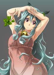 Rule 34 | 1girl, 71, :o, animal ears, arms up, bell, blue hair, blush, branch, cat ears, choker, collar, dress, grey background, hair between eyes, holding, jingle bell, leaf, long hair, looking at viewer, neck bell, parted lips, red dress, red eyes, simple background, sleeveless, sleeveless dress, solo, tareme