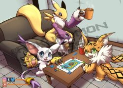 Rule 34 | animal ears, black sclera, blue eyes, cat, cat ears, colored sclera, digimon, digimon (creature), fox, gloves, highres, holy ring, jewelry, meicoomon, renamon, ring, tail, tailmon, yin yang