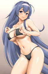 Rule 34 | 1girl, arcie albano, azur lane, bare arms, bare shoulders, bikini, black bikini, blue eyes, blue hair, blush, breasts, contrapposto, cowboy shot, eyepatch bikini, gradient background, hairband, highres, large breasts, long hair, looking at viewer, navel, new jersey (azur lane), open mouth, simple background, skindentation, smile, solo, stomach, strapless, strapless bikini, swimsuit, teeth, thighs, upper teeth only, very long hair, white hairband
