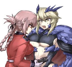 Rule 34 | 2girls, artoria pendragon (all), artoria pendragon (fate), artoria pendragon (lancer alter) (fate), blonde hair, breasts, brown eyes, cleavage, depo (typebaby505), fate/grand order, fate (series), florence nightingale (fate), gloves, gun, handgun, highres, large breasts, long hair, multiple girls, pink eyes, pink hair, pistol, saber (fate), saber alter, short hair, simple background, sweatdrop, underboob, weapon, white background