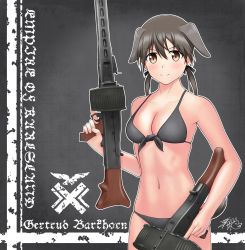 Rule 34 | 1girl, absurdres, animal ears, bikini, blush, breasts, brown hair, character name, closed mouth, collarbone, commentary, dog ears, gertrud barkhorn, grey bikini, gun, hair ornament, hair ribbon, highres, looking at viewer, medium breasts, navel, ribbon, rifle, satukiookami, short hair, smile, solo, standing, strike witches, swimsuit, twintails, upper body, weapon, world witches series