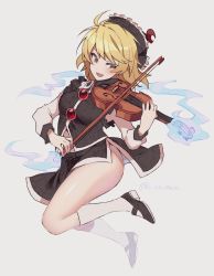 Rule 34 | 1girl, :d, bad id, bad twitter id, black footwear, black headwear, black shirt, black skirt, blonde hair, bow (music), crescent moon, full body, grey background, hat ornament, highres, holding, holding instrument, holding violin, instrument, kamenozoki momomo, long sleeves, looking at viewer, lunasa prismriver, moon, music, open mouth, playing instrument, shirt, short hair, simple background, skirt, smile, solo, touhou, twitter username, violin, white legwear, yellow eyes