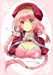 Rule 34 | 1girl, bad id, bad pixiv id, braid, breasts, character name, cherry blossoms, cleavage, closed mouth, commentary request, flower, flower knight girl, green eyes, hair flower, hair ornament, hat, heterochromia, hideo geme, large breasts, long hair, looking at viewer, name connection, object namesake, pink hair, popped collar, red eyes, red hat, sakura (flower knight girl), smile, solo, upper body