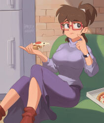 Rule 34 | 1girl, barleyshake, black eyes, boots, breasts, brick wall, bright pupils, brown footwear, brown hair, feet out of frame, food, glasses, holding, holding food, holding pizza, irma langinstein, large breasts, long sleeves, looking to the side, medium hair, pizza, pizza slice, ponytail, purple shirt, purple skirt, rectangular eyewear, red-framed eyewear, shadow, shirt, signature, skirt, solo, teenage mutant ninja turtles, teenage mutant ninja turtles (80s), watch, white pupils, wristwatch