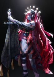 Rule 34 | 1girl, absurdres, black background, black shawl, colored skin, dress, grey hair, grey skin, heterochromia, highres, holding, holding sword, holding weapon, hololive, hololive indonesia, kureiji ollie, long hair, multicolored hair, quasarcake, red eyes, red hair, shawl, solo, stitched arm, stitched face, stitched leg, stitches, streaked hair, sword, very long hair, virtual youtuber, weapon, wedding dress, yellow eyes