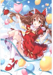 Rule 34 | 1girl, absurdres, alternate costume, balloon, blue sky, blush, bow, brown eyes, brown hair, cloud, cloudy sky, confetti, convenient censoring, day, dress, fingernails, frills, hair ornament, hair tubes, hakurei reimu, high heels, highres, holding, mochizuki shiina, open mouth, outdoors, puffy short sleeves, puffy sleeves, red bow, red dress, red footwear, scan, shiny skin, short dress, short sleeves, simple background, sky, socks, solo, thighs, touhou, white socks