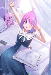 Rule 34 | 1girl, ahoge, alarm clock, arm up, blue dress, blue hair, blue nails, blush, candy hair ornament, cellphone, clock, crescent, crescent necklace, desk, desk lamp, dress, food-themed hair ornament, hair ornament, highres, himemori luna, himemori luna (sundress), hololive, jewelry, kenko (a143016), lamp, looking at viewer, luknight (himemori luna), medium hair, multicolored hair, nail polish, necklace, official alternate costume, one eye closed, open mouth, phone, pillow, pink hair, purple eyes, short dress, sleeveless, sleeveless dress, smartphone, starry sky print, streaked hair, stretching, virtual youtuber, waking up