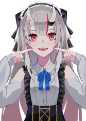 Rule 34 | 1girl, absurdres, blue ribbon, collared shirt, commentary, detached sleeves, eyelashes, fang, frilled hairband, frills, grey hair, hairband, highres, hololive, horns, long hair, long sleeves, looking at viewer, multicolored hair, nakiri ayame, oni, open mouth, parody, pink nails, red eyes, red hair, rei (rei 270), ribbon, ringed eyes, shirt, smile, solo, streaked hair, style parody, upper body, very long hair, virtual youtuber, white background
