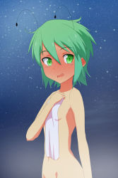 Rule 34 | 1girl, antennae, blush, cato (monocatienus), ear blush, full-face blush, green eyes, green hair, highres, nude, out-of-frame censoring, short hair, sky, star (sky), starry sky, tears, touhou, towel, wriggle nightbug