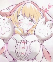 Rule 34 | 1girl, ;d, animal hands, blonde hair, breasts, cleavage, commentary request, corrupted twitter file, gloves, green eyes, hands up, heart, highres, large breasts, looking at viewer, nijisanji, one eye closed, open mouth, paw gloves, red hood, short hair, smile, solo, traditional media, tsukareta san, upper body, virtual youtuber, warabeda meiji