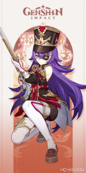 Rule 34 | 1girl, bare shoulders, black hat, black pantyhose, boots, chevreuse (genshin impact), commentary request, detached sleeves, dress, earmuffs, earmuffs around neck, eyepatch, genshin impact, gloves, gun, hat, highres, holding, holding gun, holding weapon, long hair, looking at viewer, mole, mole under mouth, pantyhose, purple eyes, purple hair, rifle, sleeveless, sleeveless dress, solo, thigh boots, very long hair, weapon, white footwear, white gloves