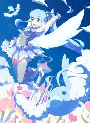 Rule 34 | 10s, 1girl, absurdres, altaria, arm up, bird, blue eyes, blue hair, blue skirt, blue sky, blue thighhighs, castle, cloud, creature, creatures (company), crossover, crown, cure princess, evolutionary line, flying, full body, game freak, gen 3 pokemon, happinesscharge precure!, happy, highres, hip focus, legs, long hair, magical girl, matching hair/eyes, mini crown, necktie, nintendo, pokemon, pokemon (creature), precure, senba hikari, shirayuki hime, shoes, sidelocks, skirt, sky, smile, swablu, thighhighs, twintails, wings, wrist cuffs