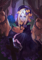 Rule 34 | 1girl, abigail williams (fate), absurdres, bad id, bad pixiv id, black dress, black hat, blonde hair, blue eyes, blue flower, blue rose, bow, bug, butterfly, closed mouth, commentary request, cross, dress, ei (winnie5111), fate/grand order, fate (series), flower, hair bow, hands in opposite sleeves, hanged, hat, highres, hugging object, insect, leaf, long hair, long sleeves, looking at viewer, noose, orange bow, parted bangs, polka dot, polka dot bow, purple bow, rope, rose, solo, stuffed animal, stuffed toy, teddy bear, very long hair