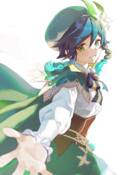 Rule 34 | 1boy, bard, beret, black hair, blue hair, braid, brooch, cape, collared cape, corset, flower, frilled sleeves, frills, genshin impact, gradient hair, green cape, green eyes, green hat, green shorts, grin, hat, hat flower, jewelry, juliet sleeves, long sleeves, male focus, multicolored hair, outstretched hand, pagye, puffy sleeves, shirt, short hair with long locks, shorts, smile, solo, twin braids, venti (genshin impact), white flower, white shirt