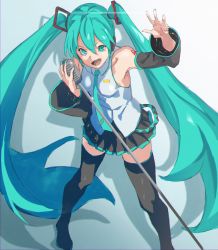Rule 34 | 1girl, :d, absurdres, aqua eyes, aqua hair, aqua nails, aqua necktie, bare shoulders, black footwear, black skirt, boots, breasts, fingernails, gradient background, hair between eyes, hatsune miku, highres, legs apart, long hair, microphone, microphone stand, miniskirt, nail polish, necktie, number tattoo, open mouth, pleated skirt, pretty-purin720, shirt, shoulder tattoo, skirt, sleeveless, sleeveless shirt, small breasts, smile, solo, standing, tattoo, teeth, thigh boots, thighhighs, twintails, very long hair, vocaloid, zettai ryouiki