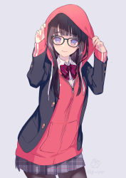 Rule 34 | 1girl, arms up, black-framed eyewear, blunt bangs, blush, brown hair, brown pantyhose, buttons, closed mouth, collared shirt, commentary request, gin (oyoyo), glasses, hair between eyes, hood, hoodie, long hair, long sleeves, looking at viewer, necktie, open clothes, open hoodie, original, pantyhose, pleated skirt, purple eyes, school uniform, shirt, simple background, skirt, smile, solo, standing, striped necktie, striped neckwear, twitter username, zipper
