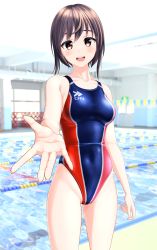 Rule 34 | 1girl, absurdres, blue one-piece swimsuit, brown hair, clothes writing, commentary request, competition swimsuit, cowboy shot, foreshortening, highleg, highleg swimsuit, highres, indoors, lane line, multicolored clothes, multicolored swimsuit, one-piece swimsuit, original, pool, red eyes, short hair, smile, solo, string of flags, swimsuit, takafumi